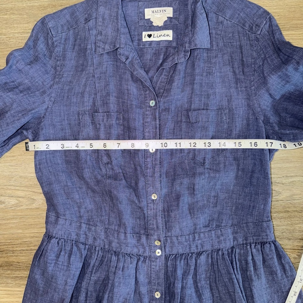 MALVIN 100% Linen Shirt Dress Blue Button Front Collared Midi‎ Womens M - Picture 5 of 7